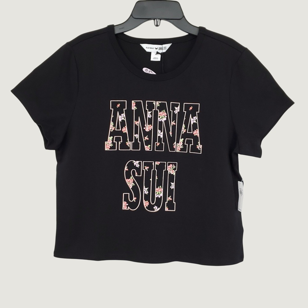 Old Navy Anna Sui Black Floral Graphic Logo Ringer T-Shirt Medium 100%‎ Cotton